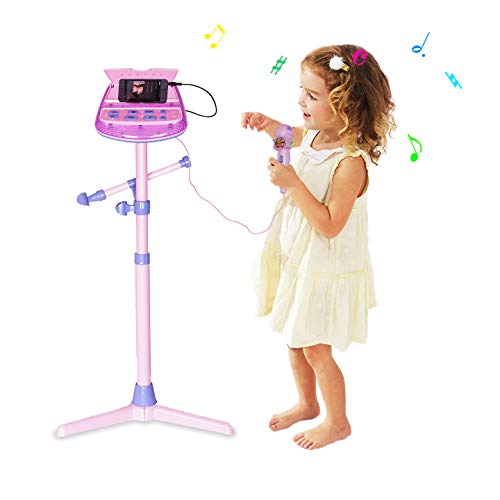 Happytime Kids Karaoke Microphone Musical Toys Adjustable Stand Karaoke Machine with Pink External Music Function & Flashing Lights for Kids