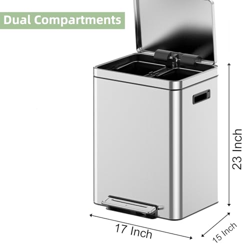 Garvee 30L Dual Compartment Trash Can, 2 x 15L Stainless Steel Recycling Bin with Soft Close Lid & Foot Pedal, 2 Removable Buckets, Rectangular Kitchen Dustbin