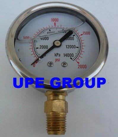 NEW STAINLESS STEEL LIQUID FILLED PRESSURE GAUGE WOG WATER OIL GAS 0 to 2000 PSI LOWER MOUNT 0-2000 PSI 1/4" NPT 2.5" FACE DIAL FOR COMPRESSOR HYDRAULIC AIR TANK