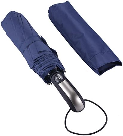 TZWNS Windproof Travel Umbrella Auto Open Close, "Unbreakable" Lightweight 10 Ribs Automatic Windproof Canopy Compact with Light Reflective (Blue)