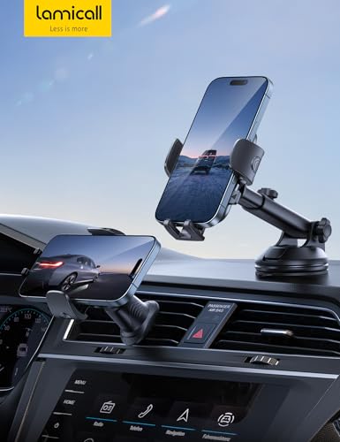 Lamicall Phone Mount for Car [3-in-1 Military-Grade Suction Cup] 360° Rotation Phone Holders for Your Car [Metal Hook] Cell Phone Car Mount Dashboard Vent Windshield All Smartphone LeatherGrain