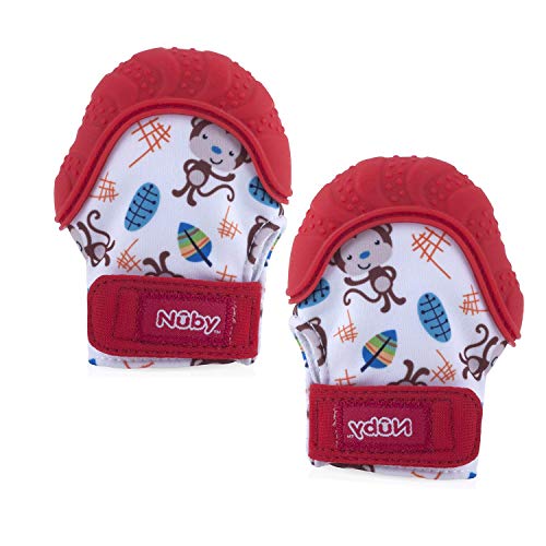 Nuby Soothing Teething Mitten with Hygienic Travel Bag, Red, 2 Count