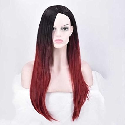 Wiged Black Red Wine Points Straight Long Hair Matt Lifelike 60 Cm