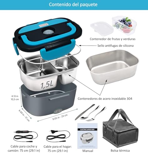 JessyLine Professional and elegant portable electric lunch box 80W 12V/24V/220V Multifunction car truck office Heats fast food Single and double packaging Stainless steel 1.5L Black blue-light