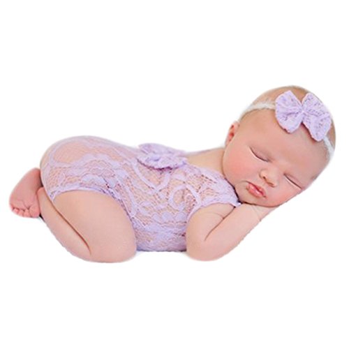 Baby Photography Props Newborn Girl Photo Shoot Outfits Infant Costume Lace Headdress Rompers (Purple)