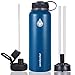 SENDESTAR 40 oz Double Wall Vacuum Insulated Leak Proof Stainless Steel Sports Water Bottle—Wide Mouth with Straw Lid & Flex Cap & Spout Lid (Cobalt)