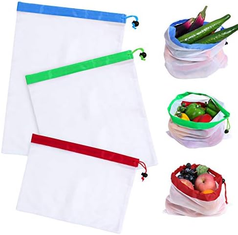 15Pcs Drawstring Mesh Produce Bags Reusable Eco Friendly Shopping Grocery Bags Small Large Folding Green Fresh Fruit Vegetable Bag for Home Toy Craft, Fridge Food Storage