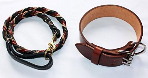 Pitbull &amp; Big Large Breeds Mahogany Leather Dog Collar and Braided Leash Lead Pet Training Set (@" Width Fits 20-23" neck, 4' Leash)