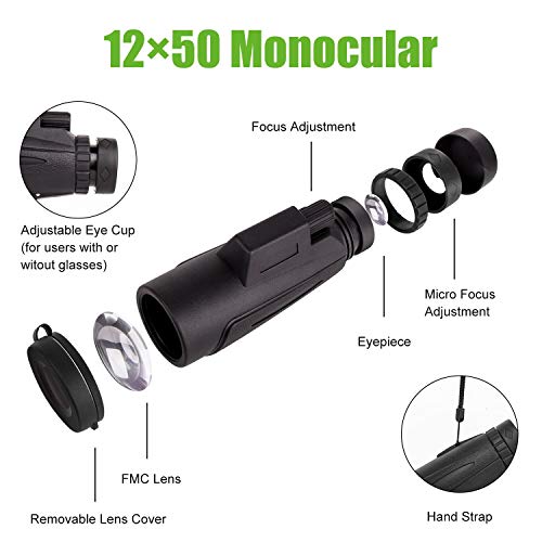 Monocular Telescope, 12x50 Compact Monocular Scope with Smartphone Mount & Tripod for Adults Bird Watching Hunting Concerts Traveling Wildlife Scenery