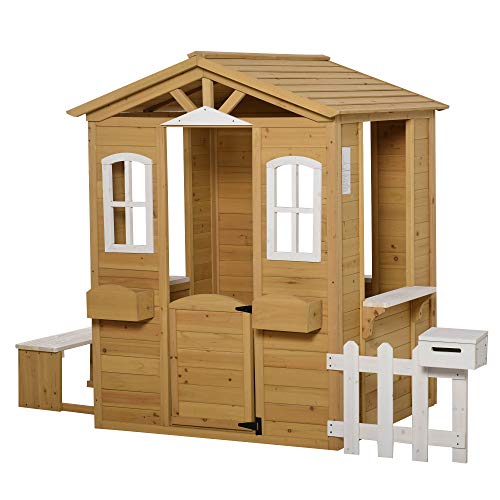 Outsunny Outdoor Playhouse for Kids Wooden Cottage with Working Doors