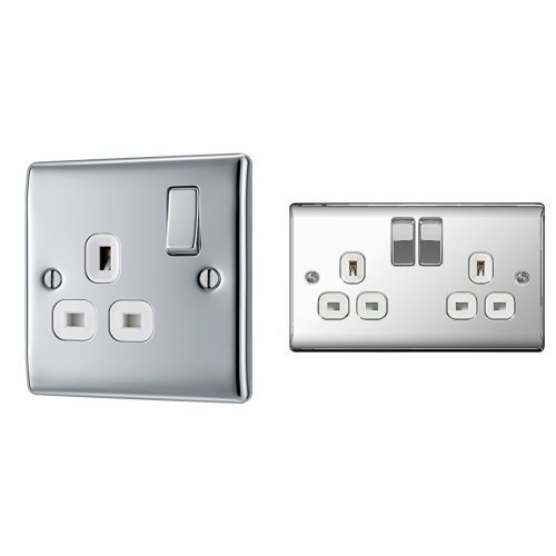 BG Electrical NPC21W Electrical 1-Gang Metal Electric Socket, Polished Chrome + Electrical NPC22W Electrical 13 A 2 Gang Metal Polished Chrome Switched Socket, White