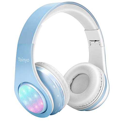 Kids Bluetooth Headphones Over Ear,Toinyo L8 LED Light up Foldable Wireless Stereo Headphones with Microphone for iPhone/iPad/Kindle/Laptop/PC/TV -Blue