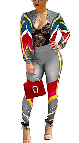 Women's Floral Print 2 Piece Set Open Front Zipper Jacket and Skinny Long Pants Plus Size Tracksuit - Thumbnail 5