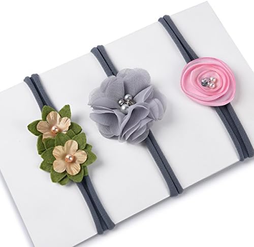 Baby Cute Girl Headband Toddler Stretchy Soft Nylon Flower Hair Band Set of 3 (Gray)