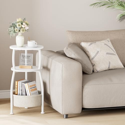 Yuede Round Side Table, 3 Tier Bedside Table, Small End Table with Fabric Basket, Coffee Table for Living Room, Bed Room, Small Space, Easy Assembly (White)
