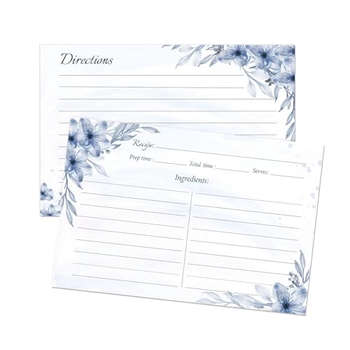 Floral ​​Recipe Cards 4x6​​ – 60-Pack Double-Sided ​​Blank Recipe Cards​​ for ​​Bridal Shower​​, Wedding, or Kitchen (BlueFlower​)