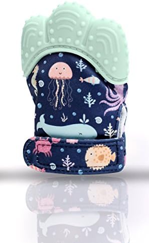Baby Teething Mitten | Self-Soothing Baby Teething Relief | BPA Free Silicone Teething Mitten for Babies | Sensory Crinkle Toy with Adjustable Strap | Teething Mittens for Babies 3-12 mo (Green)