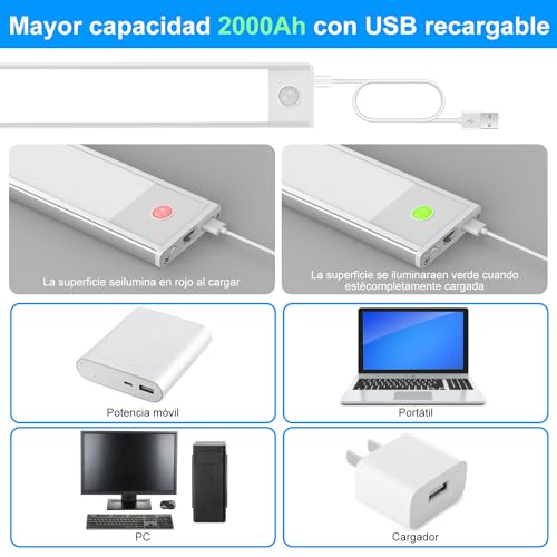 Sunsign Led Luz con Sensor de Movimiento Paquete de 2, 80 LED inalámbricas recargables Lámpara Armario, 2000 mAh, 3 Temperaturas de Color Lampara Recamara,para cocina, clóset, pasillo (40cm)