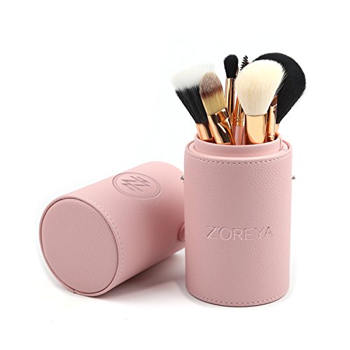 Zoreya makeup brush set 12 pieces essential makeup tools portable makeup brush case travel (Pink)