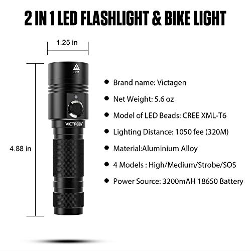 Victagen Tactical Flashlight, 2-in-1 Rechargeable LED Torch Light & Bike Front Light with Mount, CREE LED 1000 Lumens,IP65 Water-Resistant,4 Light Modes for Hiking Camping Commuting (Battery Included) - Thumbnail 7