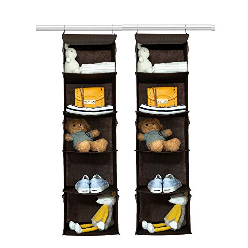 BrilliantJo 2 PCS Hanging Wardrobe Closet Storage with 5 Shelves Organiser, Storage Shelves Unit with 6 Pockets for Clothes -Brown(12 x 12 x 43 inch)