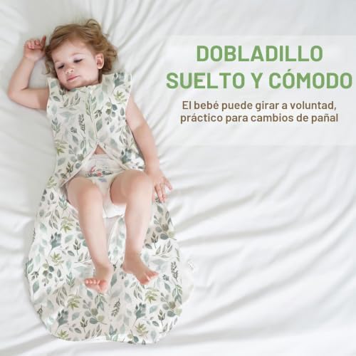 Saco-cama para bebés de verão, saco-cama unissex de 0,5 tog para bebés dos 18 aos 36 meses, algodão 100% respirável, saco ajustável de 85 a 100 cm, padrão de folhas verde-escuras