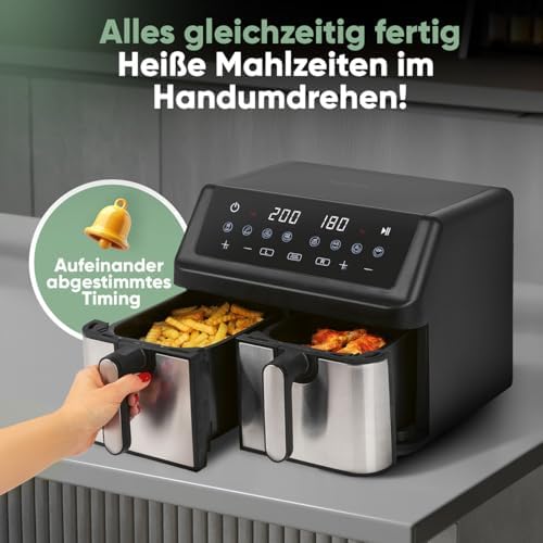 ProfiCook® Heißluftfritteuse 2 Kammern | Airfryer | 9 Liter | Heißluftfritteuse mit Zeitgleich-fertig-System | ohne Fett frittieren | Heissluftfritteuse | Behälter mit Antihaft | PC FR 1296 H