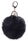 18 K Gold Plated Keychain with Plush Cute Genuine Rabbit Fur Key Chain for Car Key Ring or Bags 0025 (black)
