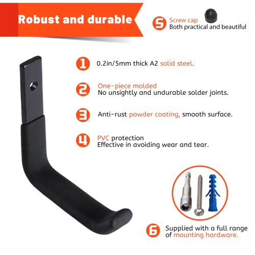 SunVFaFa 4 Hooks Wall Heavy Duty Garage Hooks for Hanging Storage, J-Hook Wall Tools Holder, Multipurpose Hooks for Sports Equipment Hangers (4 inch, 40 kg)
