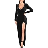 ZileZile Women's Sexy Bodycon Long Sleeve Deep V Neck High Slit Cocktail Party Maxi Dresses