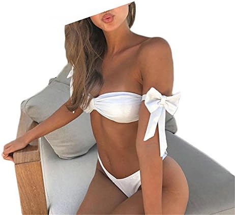 YAUASOPA White Sexy Pure Color Brazilian Bikini Set 2 PCS Female Cute Crop Ruffled Off-Shoulder Swimsuits Swimwear