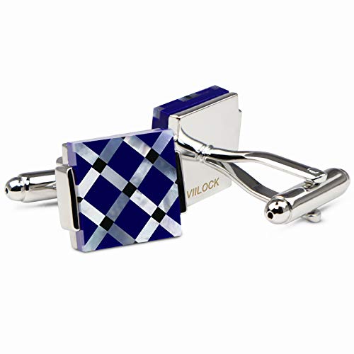 VIILOCK Mother Pearl & Onyx Stripe Tuxedo Cufflinks in a Gift Bag Wedding Cuff Links (Blue)