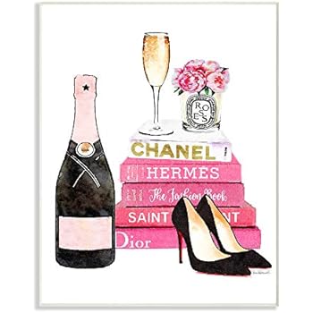 Stupell Industries Glam Pink Fashion Book Champagne Hells and Flowers Wall Plaque Art, Proudly Made in USA