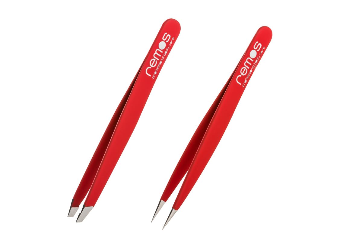 REMOS Tweezer Set 2-Piece with Eyebrow & Splinter Tweezers in Red