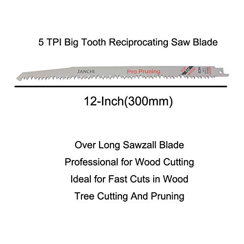 12 Inch Pro Pruning Reciprocating Saw Blade, 5 TPI Big Tooth For Fast Cutting Sawzall Blades, Top Material HCS Wood Cutting Sawzall Saw Blades - 5 Pack