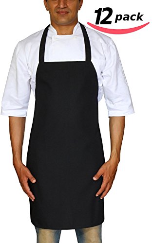 Bistro-Garden-Craftsmen Professional Bib Apron Black Spun Polyester - Set of 12, Durable, Comfortable, Easy Care, Restaurant Commercial Waitress Waiter Aprons - Black (32