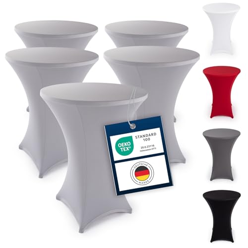 Blumtal 5er Set Stretch Stehtisch Hussen Bügelfrei - Oeko -TEX zertifizierte Tischhussen für Stehtische Ø 80 – 85 cm - Verstärkung im Fußbereich - was