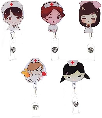 5pcs Small Cute Cartoon Retractable Badge Reel Holder with Alligator Clip for Doctor Nurse Intern ID Name Card, 21.7 inch Scalable Cord