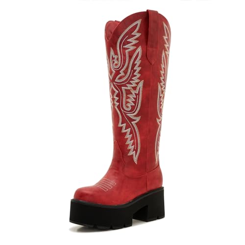 Uillnoodu Women's Red Platform Cowgirl Boots with Zipper at Amazon