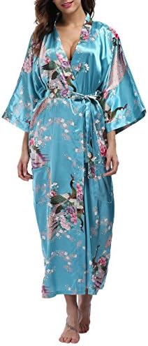 WitBuy Women's Kimono Robe Long Floral Wedding Robes for Bridesmaids Satin Silk Bathrobe Lightweight with Pockets