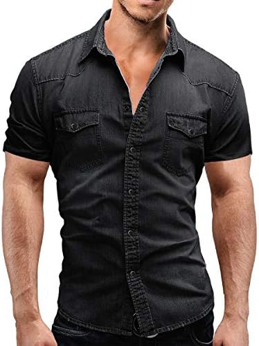 GRMO Men Short Sleeve Slim Button Up Denim Western Shirt with Pockets