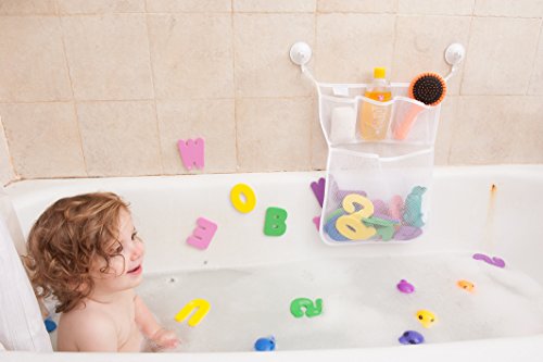 Comfylife 2 x Mesh Bath Toy Organizer + 6 Ultra Strong Hooks + 36 Bath Letters – Eco-Safe, Fun, Educational Foam Baby Bath Letters and Perfect Toy Storage Net for Baby Bath Toys & More