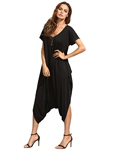 SheIn Women's Casual V Neck Short Sleeve Loose Harem Jumpsuit Romer XX-Large Black - Thumbnail 4
