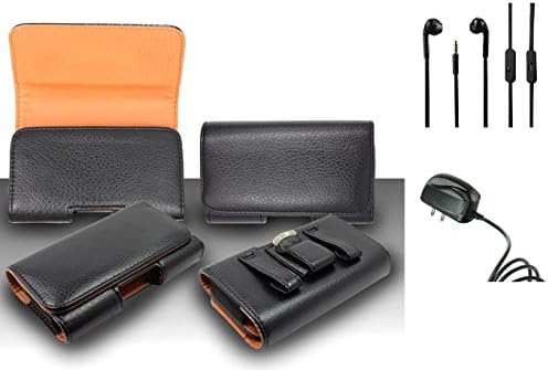 For Alcatel One Touch Pop Astro (T-Mobile) - Premium Classic Black Pebble Texture Leather Belt Case Clip Holster Pouch (Fit for With Slim Case Together) + Travel Charger + 3.5MM Stereo Earphones