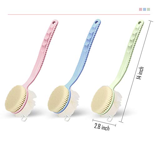 Shower Body Brush with Bristles and Loofah,Back Scrubber Bath Mesh Sponge with Curved Long Handle for Skin Exfoliating Bath, Massage Bristles Suitable for Wet or Dry, Men and Women