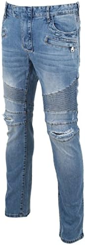 KooL J Mens Zippers Biker Motorcycle Vintage Denim Jeans Slim Straight 40W x 33L Light Blue