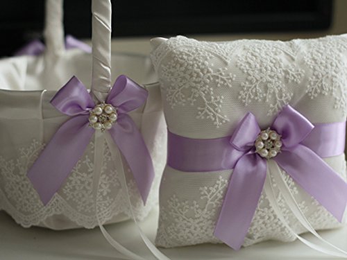 Alex Emotions | Lace Collection | Ivory Lilac Lavender Ring Bearer Pillow & Wedding Basket Set - Thumbnail 2