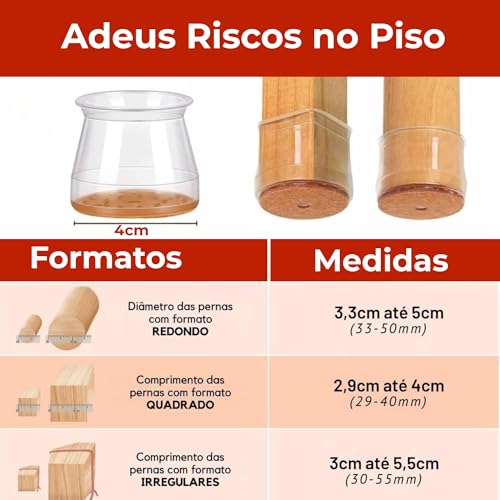 Kit 16 Protetor de Silicone Com Feltro Para Pés de Cadeira, Mesa, Banqueta - Protetores Para Móveis de até 4cm | Anti risco, Reduz Ruído, Lavável, Antiderrapante, Fácil de Instalar
