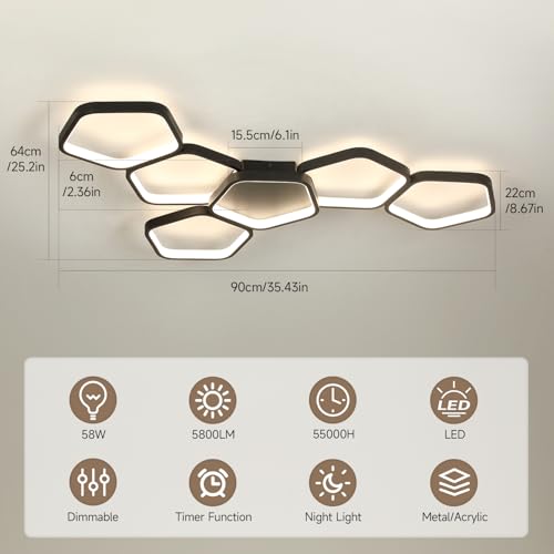 Kuwork Modern LED Ceiling Light, Living Room, 58 W, 3000 K - 6500 K, Dimmable with Remote Control and App Control, Night Light and Timer Function for Bedroom Ceiling Lamp, 90 cm, Black