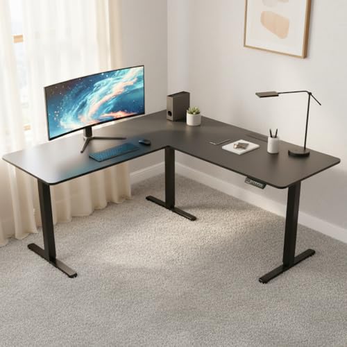 FOH Furniture Escritorio Eléctrico en L Ajustable en Altura 160x140 cm, Esquinero Sit Stand, Estación de Trabajo Ergonómica, Estructura de Acero, para Oficina en Casa, Negro